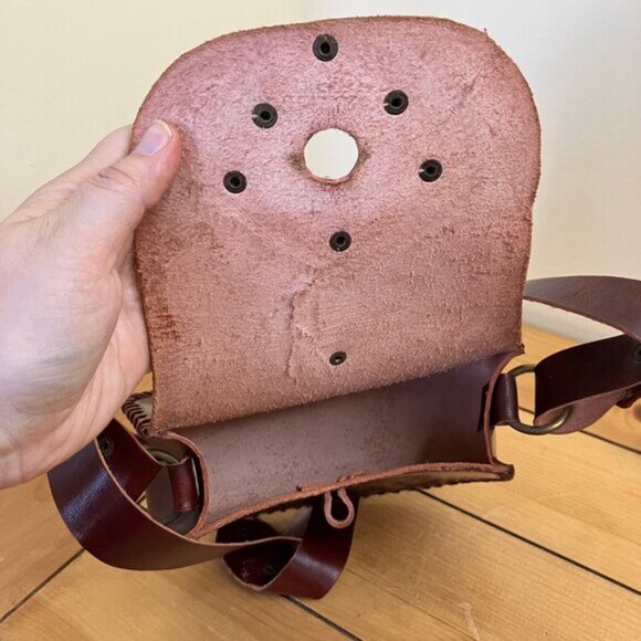 Tooled Leather Purse Small Shoulder Bag Embossed Design Wood Closure 6.5 Tall - Picture 3 of 7